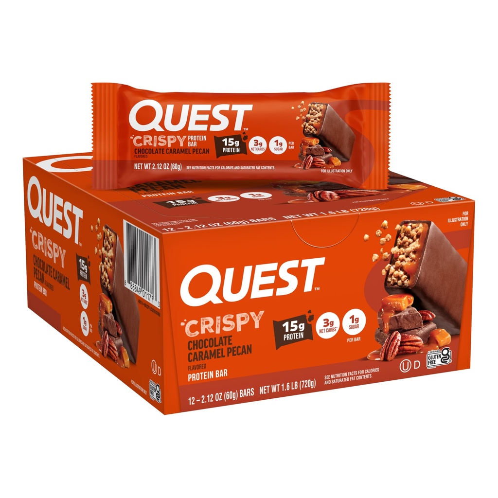 Quest Nutrition Crispy Chocolate Caramel Pecan Hero Protein Bar, 15g Protein, 1g Sugar, 3g Net Carb, グルテンフリープロテインスナック, Keto Friendly, 12カウント