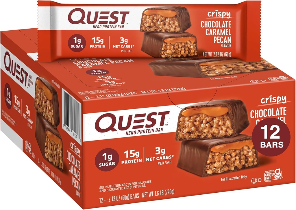 Quest Nutrition Crispy Chocolate Caramel Pecan Hero Protein Bar, 15g Protein, 1g Sugar, 3g Net Carb, グルテンフリープロテインスナック, Keto Friendly, 12カウント