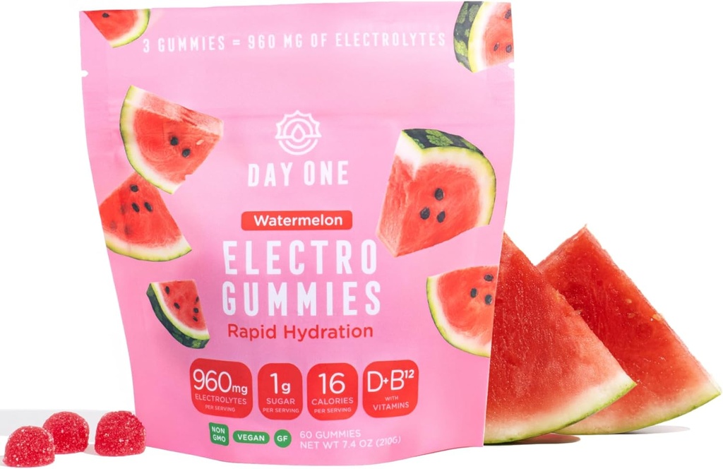 Day One ElectroGummies – Electrolyte Hydration Gummies – Ideal to Boost Hydration & Energy – Running, Workout – Sour Watermelon Flavored – 60 Gummies