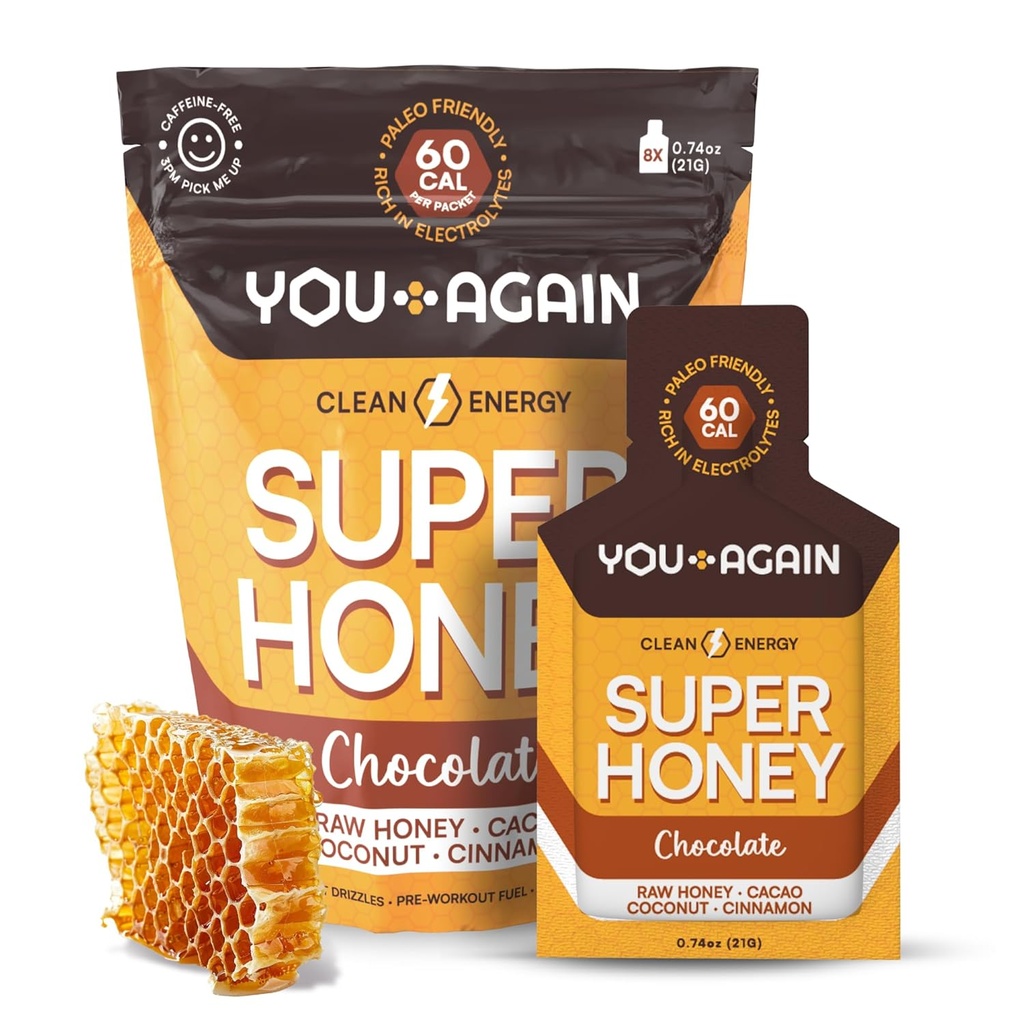 You Again Super Honey Chocolate Packets | Workout Clean Energy Gel Packs | Cycling, Endurance, Running Gel or Energy Snack | Paleo & Carnivore Snack | Gluten-Free | Made in USA | 8 Count