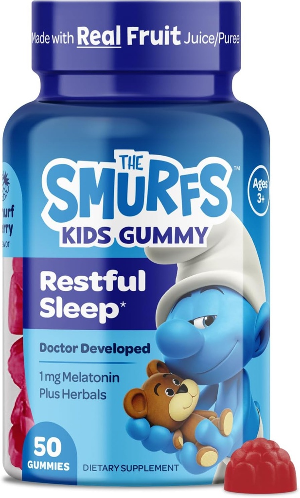 キッズ向けSmurfs 1mg メラトニングミー チャモミール&レモンバーム 休眠年齢3+ | ノンハビット成形 | シュムフベリーの実フルーツで作製 | 医師開発 | 50 ベジタリアンガミー