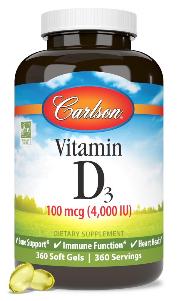 カールソン - ビタミンD3、4000 IU (100 mcg)、骨&免疫の健康、コレステロールサプリメント、グルテンフリービタミンDカプセル、360 Softgels