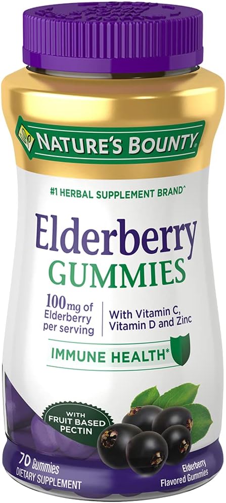 Nature's Bounty Elderberry Gummies, Dietary Supplement, Supports Immune Health, Contains Vitamin A, C, D, E and Zinc, 100 mg, 70 Gummies