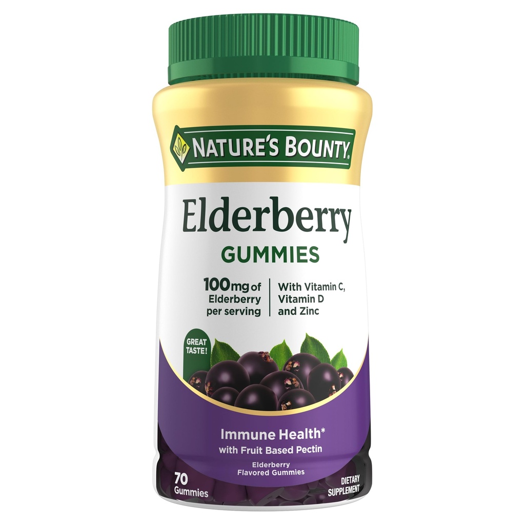 Nature's Bounty Elderberry Gummies、栄養補助食品、免疫健康をサポートし、ビタミンA、C、D、E、亜鉛、100mg、70ガミーが含まれています