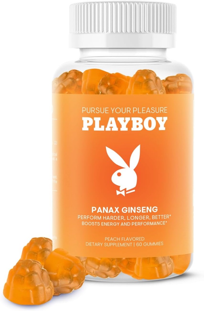 Playboy – Ginseng Gummies (60 Count - Peach Flavored) - Perform Harder, Longer, Better - Panax Ginseng Supplement Gummy for Men and Women - 100% Natural, Vegan Non GMO Ginseng Root 6:1 Extract