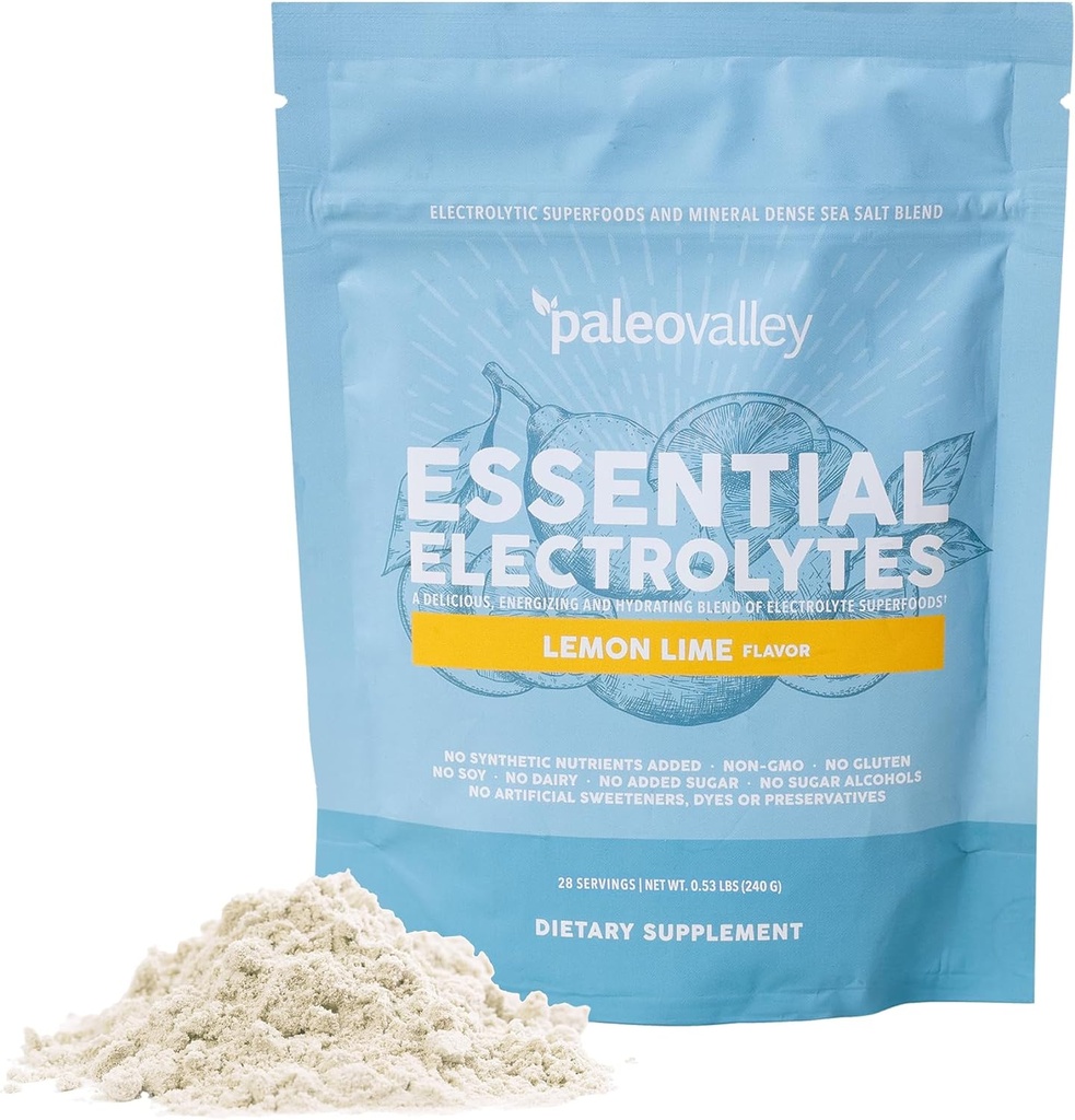 Paleovalley Essential Electrolytes Powder - Full Spectrum Lemon Lime Electrolyte Powder for Hydration, Energy and Muscle Recovery - No Sugar Added - 28 Servings