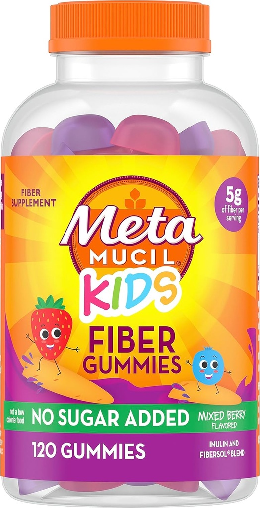 Metamucil Kids Fiber Gummies, No Sugar Added, 5g Prebiotic Plant-Based Fiber Supplement Blend, Mixed Berry Flavored, 120ct Gummies