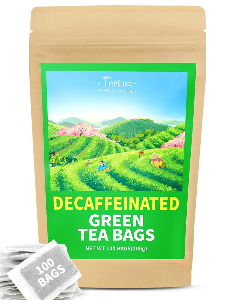 TeeLux Decafの緑茶袋、純粋なDecaffeinated緑茶、極度の酸化防止剤、熱及びアイス ティーのための100の計算のティー・バッグ