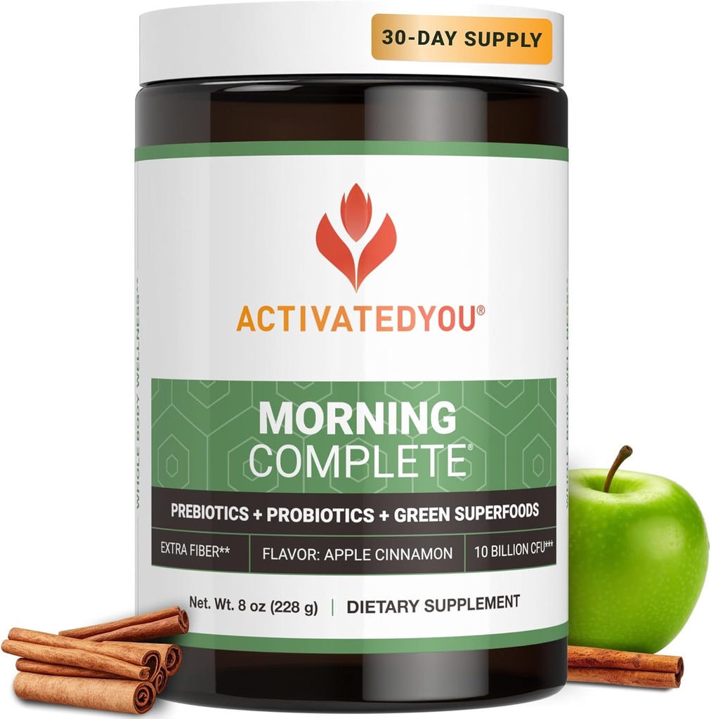ACTIVATEDYOUモーニングフルデイリーウェルネスグリーンスーパーフードドリンクミックス for Gut Health w/Prebiotics, Probiotics, Antioxidants, Green Superfoods, 10 Billion CFUs, 30 サービング (Apple Cinnamon)