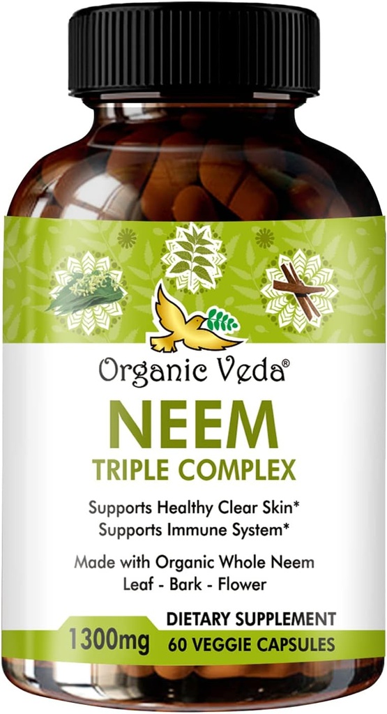 Organic Veda Neem Capsules with Triple Complex Neem Leaf Extract, Bark & Flower - Herbal Supplement Boosts Immunity, Improves Digestion, Skin Health & Support Cleansing - 60 Count
