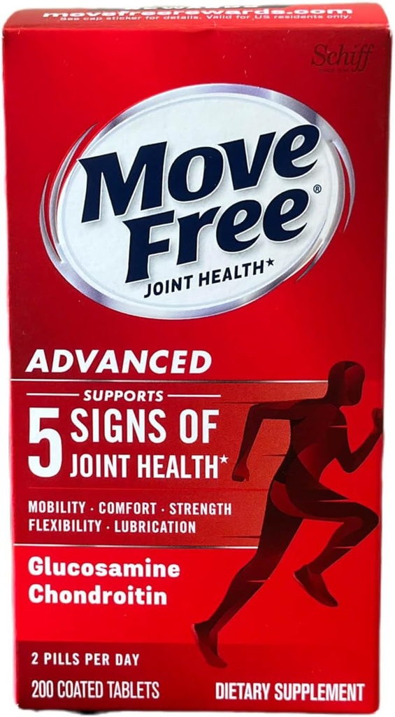 Move Free Advanced Glucosamine Chondroitin + Calcium Fructoborate Joint Support Supplement, Supports Mobility Comfort Strength Flexibility & Lubrication - 200 Tablets (100 Servings)*