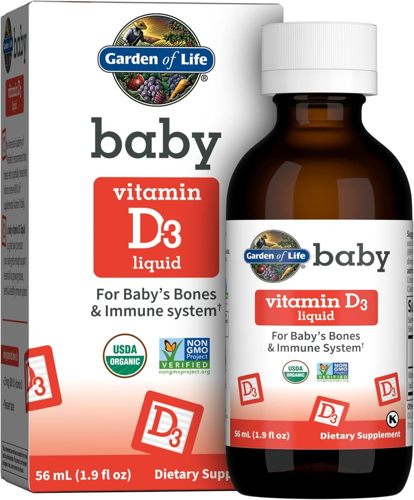 生命の庭 赤ん坊のビタミンD3の液体、600 IU (15のmcg) 乳児のための有機性液体のビタミンD、赤ん坊の骨及び免疫システム、グルテンフリー及び非GMO、56のmL (1.9のflのoz)の液体のためのサポート