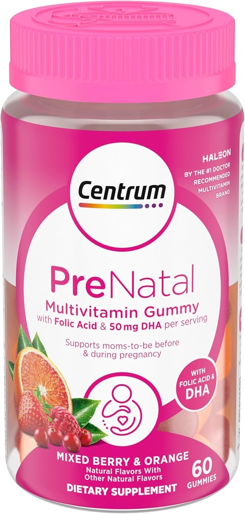 Centrum Prenatal Multivitamin Gummies with DHA と Folic 酸、混合ベリーとオレンジ色の味 - 60 カウント、30 日の供給