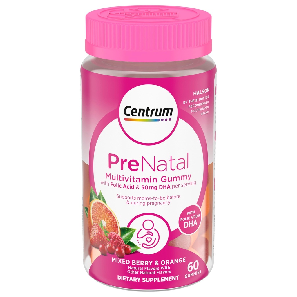 Centrum Prenatal Multivitamin Gummies with DHA と Folic 酸、混合ベリーとオレンジ色の味 - 60 カウント、30 日の供給