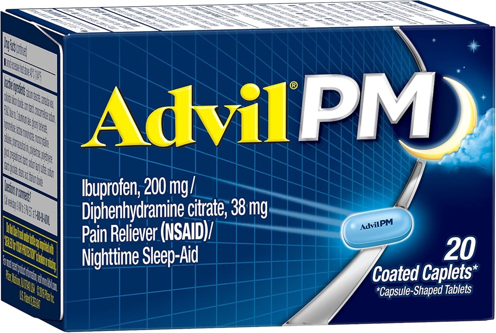 Advil PM (20 Count) Pain Reliever/Nighttime Sleep Aid Coated Caplet, 200mg Ibuprofen, 38mg Diphenhydramine