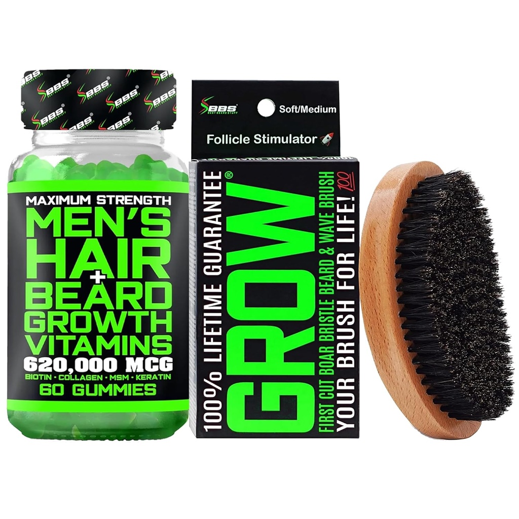 ひげの成長のキットw/ 620,000mcg 14-in-1 BIOTINのグミー/Beardの成長のビタミン及び男性のための毛の成長のビタミン+ 100%の寿命の取り替えのファースト・カットのボアの剛毛のブラシ及び人のための360の波のブラシ