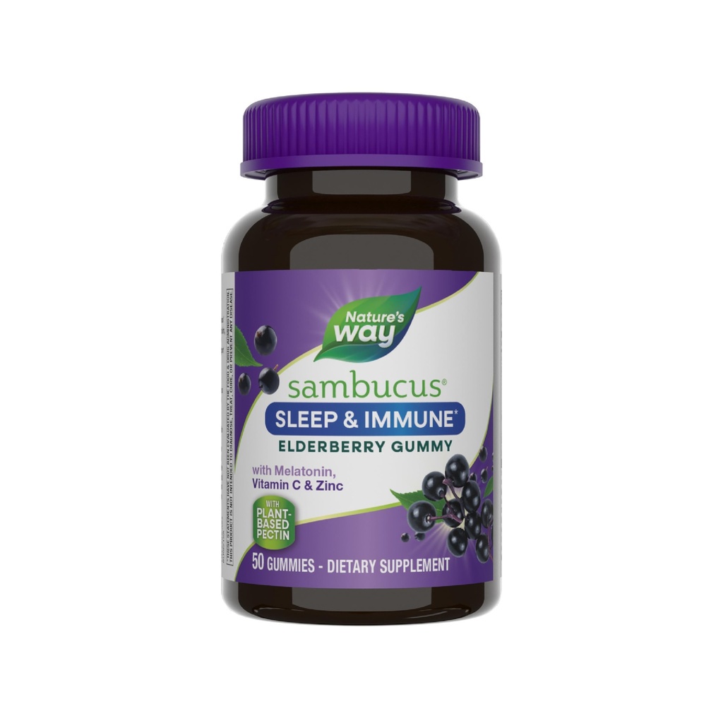 Nature's Way Sambucus Sleep + Immune* Elderberry Gummies, Sleep and Immune Support*, Melatonin, Vitamin C, L-Theanine, 亜鉛, 50 Gummies (パッケージ5月 Vary)