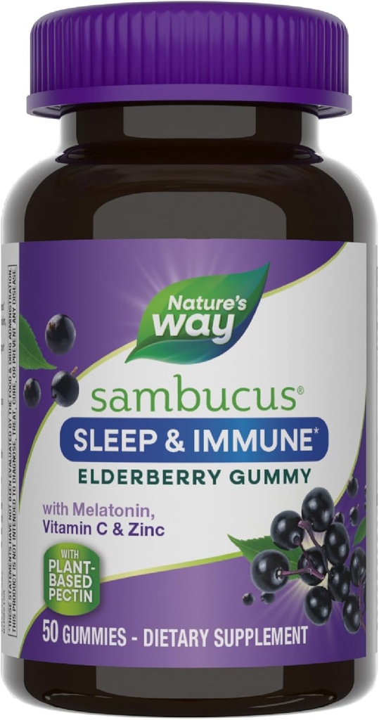 Nature’s Way Sambucus Sleep + Immune* Elderberry Gummies, Sleep and Immune Support*, With Melatonin, Vitamin C, L-Theanine, Zinc, 50 Gummies (Packaging May Vary)