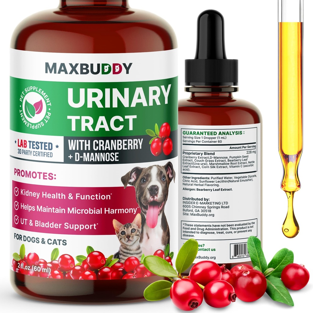 MaxBuddyナチュラルUTIトリートメントサポート - クランベリー尿路感染症ケア&猫と犬の予防補助 - 腎臓と膀胱ウェルネスサプリメントドロップ - 尿の流れのサポート