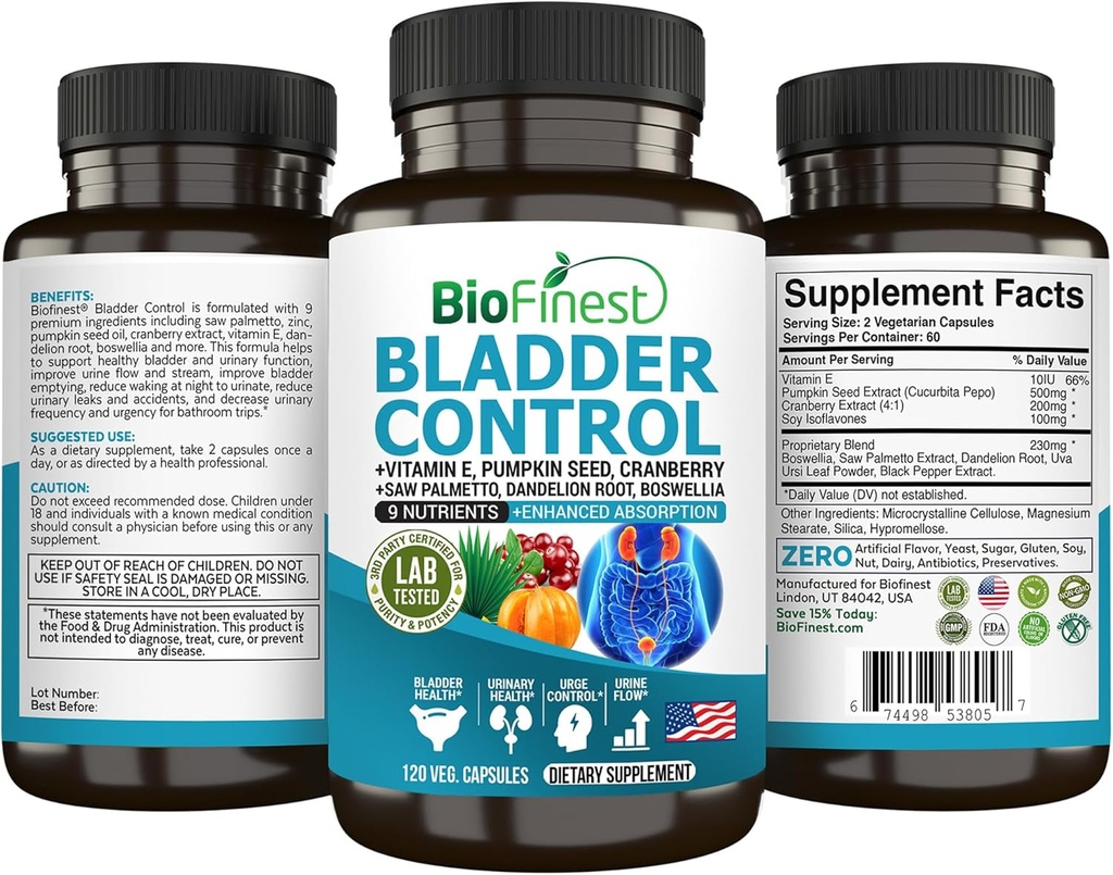 男性と女性のためのBioFinest膀胱コントロールサプリメント - 120ベジス。 カプセル - Palmetto、クランベリー、カボチャ種子、ビタミンE、ボスウェリア、タンポポアロ - 尿路膀胱の健康 - アメリカ製