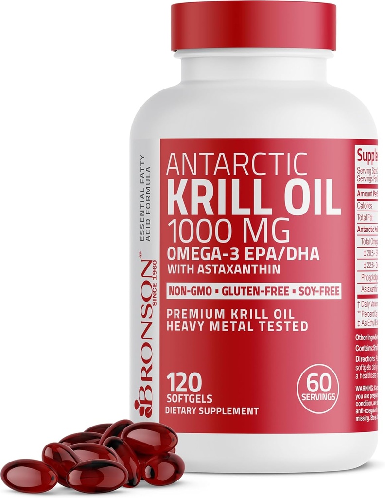 BronsonのOmega-3s EPA、DHA、AstaxanthinおよびPhospholipids 120のSoftgelsのAntarctic Krillオイル1000のmg