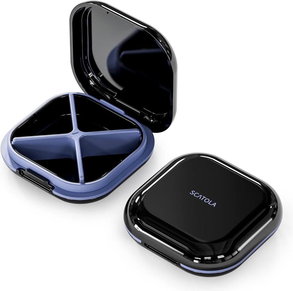 Small Pill Case, Travel Pill Box, Portable Pill Organizer, Pill Container for Pocket 4 Compartments, Daily Compact Travel Medicine Holder for Vitamins Medication (Black)