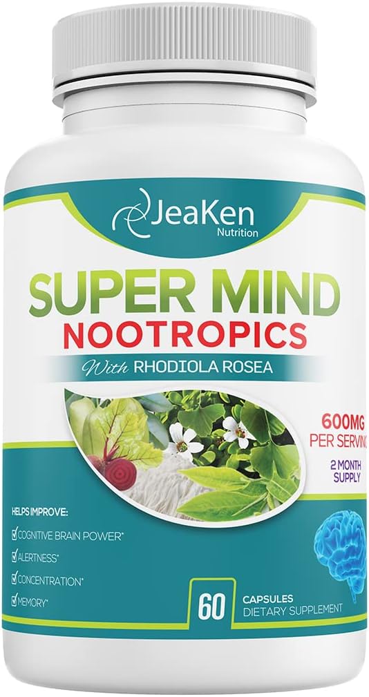 スーパーマインド - Nootropics認知エンハンサー - 天然成分と脳ブーストサプリメント - Bacopa Monnieri - Rhodiola Rosea - Ginkgo Biloba - ビタミンB12-60ビーガンカプセル米国製