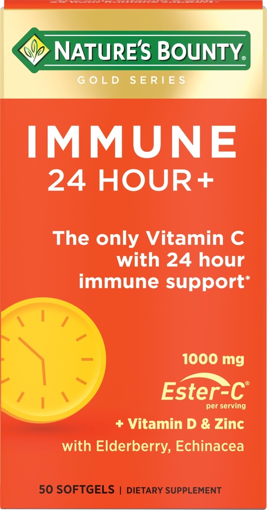 Nature's Bounty Immune 24 時間 +、Ester-C、1000 mgのビタミンC、D&亜鉛、グルテンフリー、迅速なリリースSoftgels、1日あたりの2 Softgels、50のカウントからの24時間の免疫サポートを備えた唯一のビタミンC