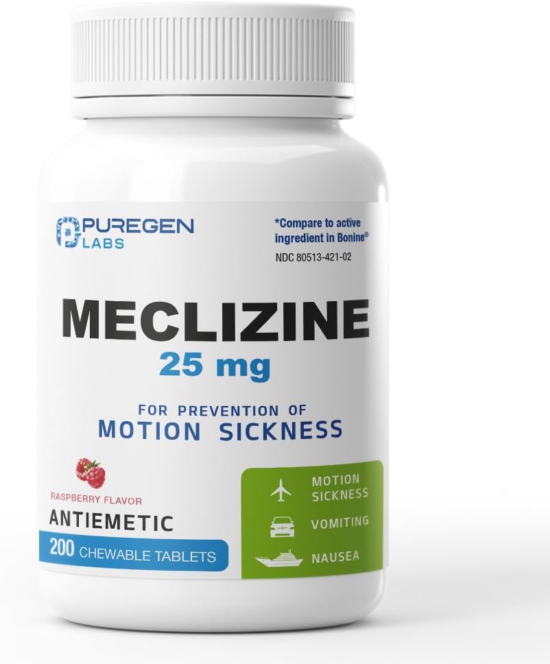 Puregen Labs Meclizine 25 mg Antiemetic 200 chewable Tablets | Motion Sickness Relief - Prevent Nausea, Vomiting, and Dizziness | Dairy Free | Made in USA | Value Pack – 200 chewable Tablets