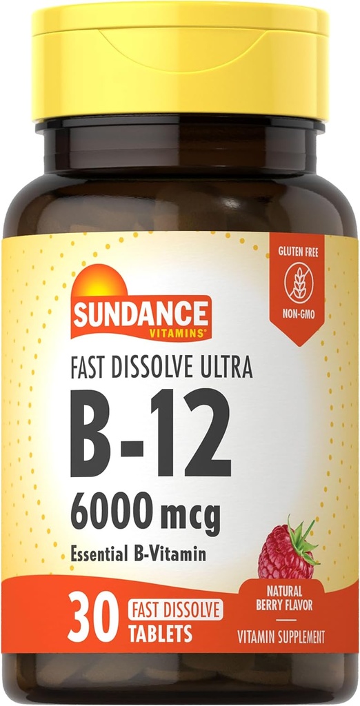 Sundance Fast Dissolve Vitamin B-12 | 6000mcg | 30 Tablets | Natural Berry Flavor | Vegetarian, Non-GMO, and Gluten Free Supplement