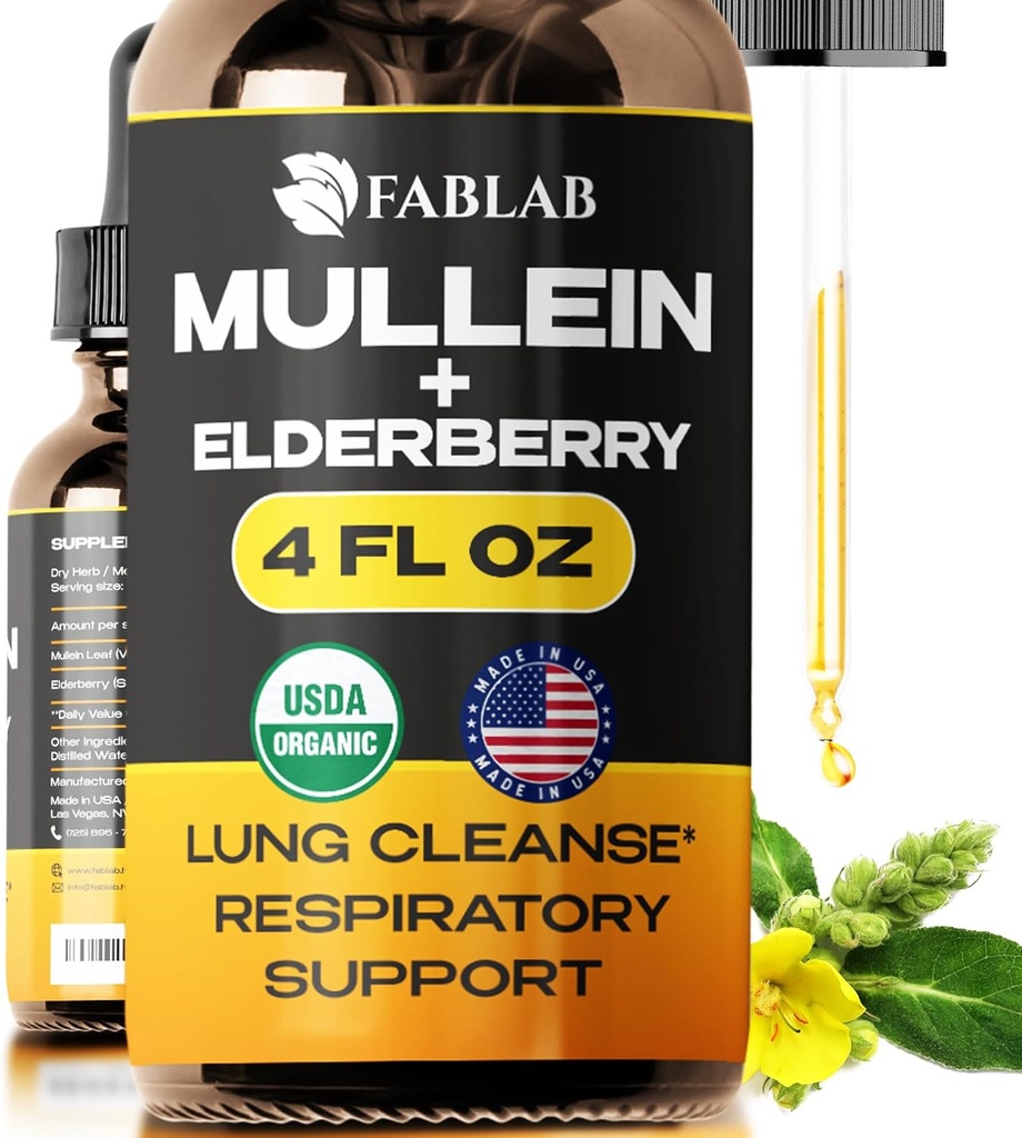 FabLab Mullein 葉エキスと Elderberry 4 Fl Oz - アメリカ製 - より良い肺のためのドロップ - 肺デトックスのための Mullein チンキ - スモーカーのためのブロニカルク - 呼吸ハーブサプリメント