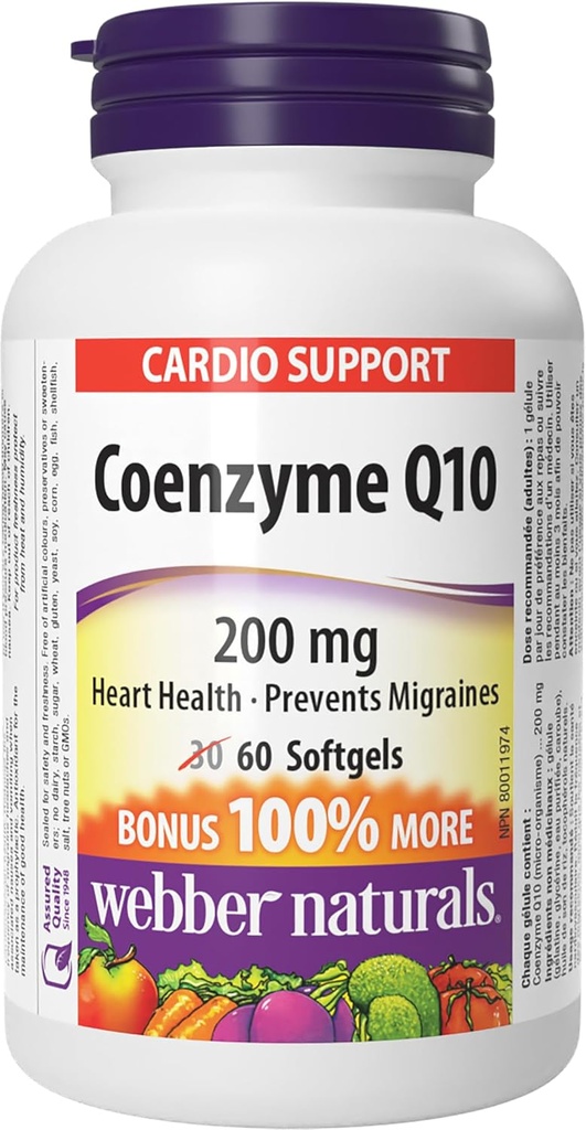 Webber Naturals Coenzyme Q10 (CoQ10) 200のmg、60のSoftgels、中心の健康および細胞エネルギーの生産のための高い効力の酸化防止の補足、60の日の供給、グルテンフリー