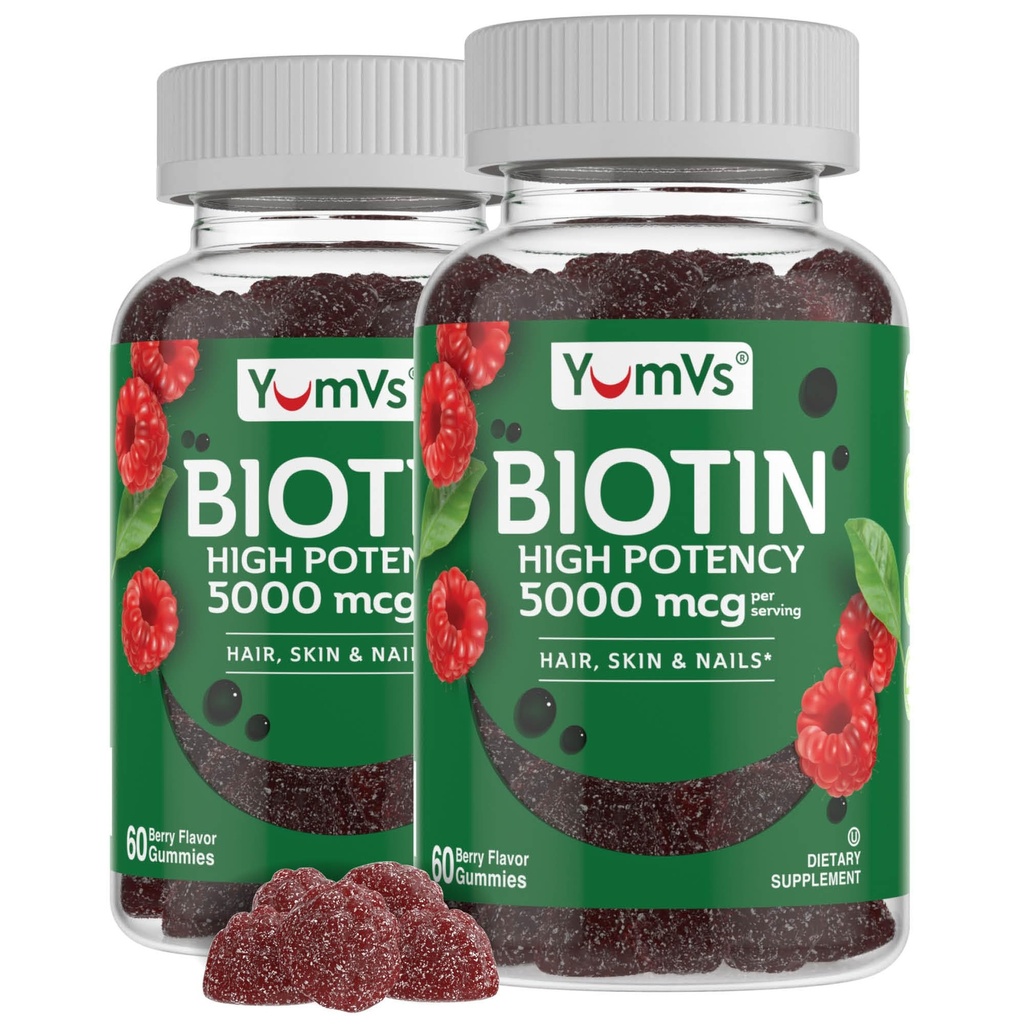 YumVsのビオチンのグミー5000mcg - Luscious Raspberryの味-女性か人のためのより厚いより速い毛の成長のグミ - 毛、皮及び釘のビタミン - 毛のグミ - ベジタリアンのビオチンの補足(60 Ct。、2pk)