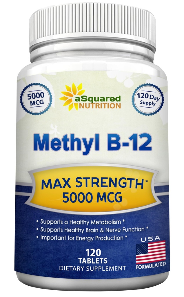asquared栄養のビタミンB12-5000 MCG Methylcobalamin (メチルB-12) - 自然なエネルギー、Benefitの頭脳及び中心機能を高めるのを助ける最高の強さのビタミンB 12サポート- 120のタブレット