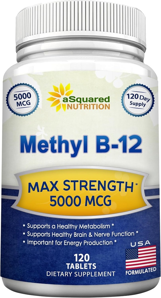 asquared栄養のビタミンB12-5000 MCG Methylcobalamin (メチルB-12) - 自然なエネルギー、Benefitの頭脳及び中心機能を高めるのを助ける最高の強さのビタミンB 12サポート- 120のタブレット