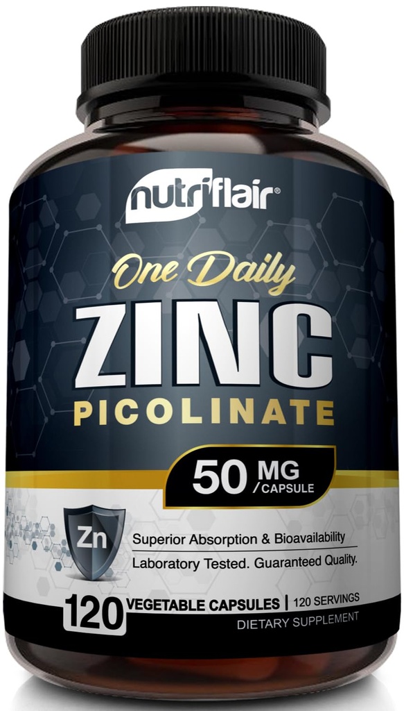 NutriFlair亜鉛ピコリン酸50mg、120カプセル - 最大吸着亜鉛サプリメントピル - 免疫システムブースター、免疫防衛、強力な非GMO抗酸化 - グルコネート、クエン酸塩、酸化物と比較して
