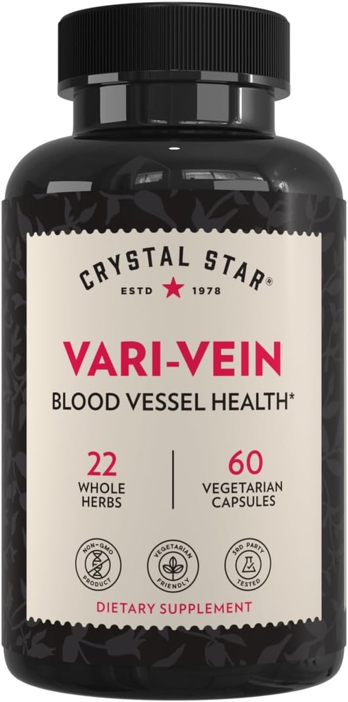 クリスタルスター Vari-Vein (60カプセル) - Varicose静脈とスパイダー静脈の治療のためのハーブ循環サポートサプリメント - ウィッチヘーゼル、ブッチャーのBroom、ホーソーン&ホースチェストナッツ - 非GMO