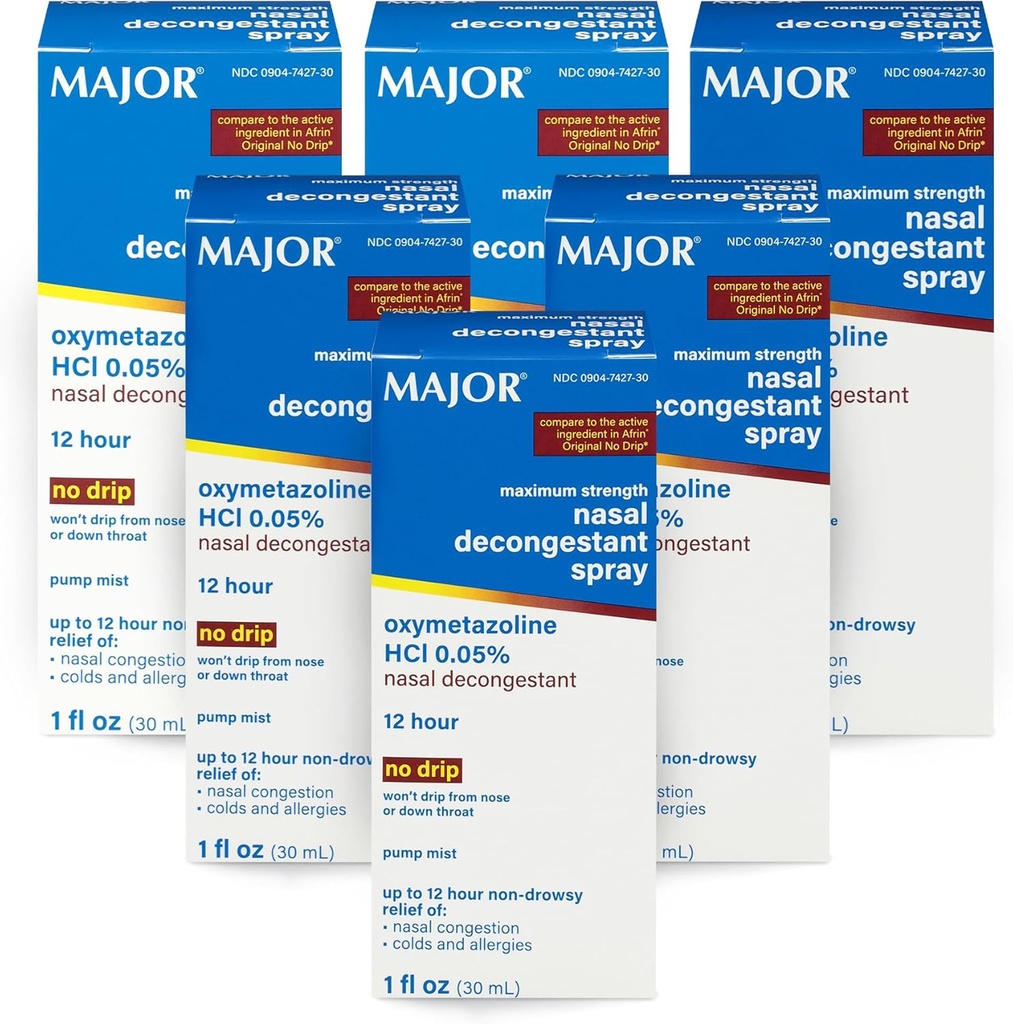 MAJOR Maximum Strength Nasal Decongestant Spray, Oxymetazoline HCl 0.05% Pump Mist, Non-Drowsy Nasal Spray, up to 12-Hour Relief from Nasal Congestion, Colds, and Allergies 1 Fl. Oz. (6-Pack)