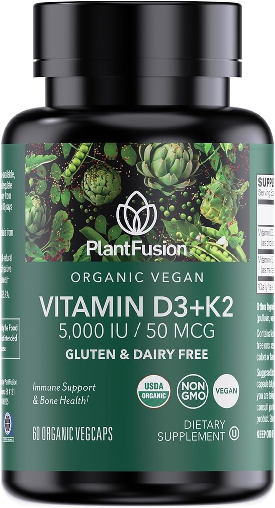 PlantFusion有機ビーガンビタミンD3 + K2 5,000 IU、50MCG - ビタミンD 植物由来のLichenとビタミンK2、免疫サポートと骨の健康のために - 60カプセル
