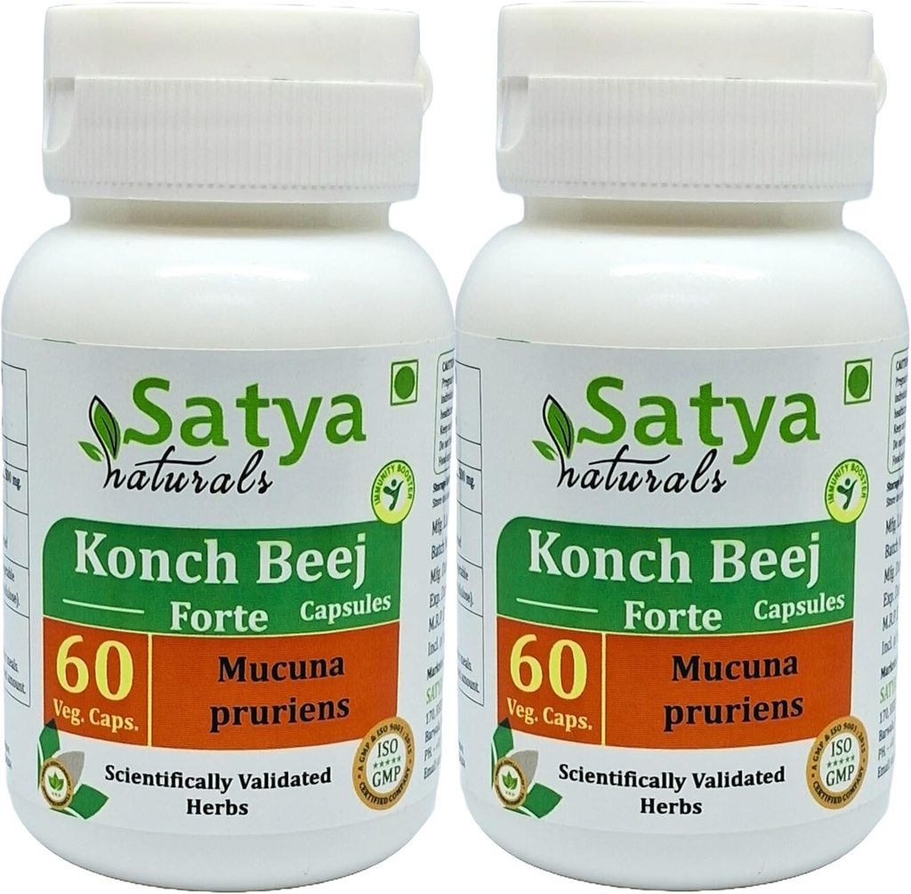 Konch Beej フォルテ カプセル 500 mg. 60 Veg. カプセル | Konch Beej (Mucuna Pruriens) エキス カプセル 男女別 | Ayurvedic 草の補足/救済 | 10:1 フォルテ (2 ボトル 60 カプセル)
