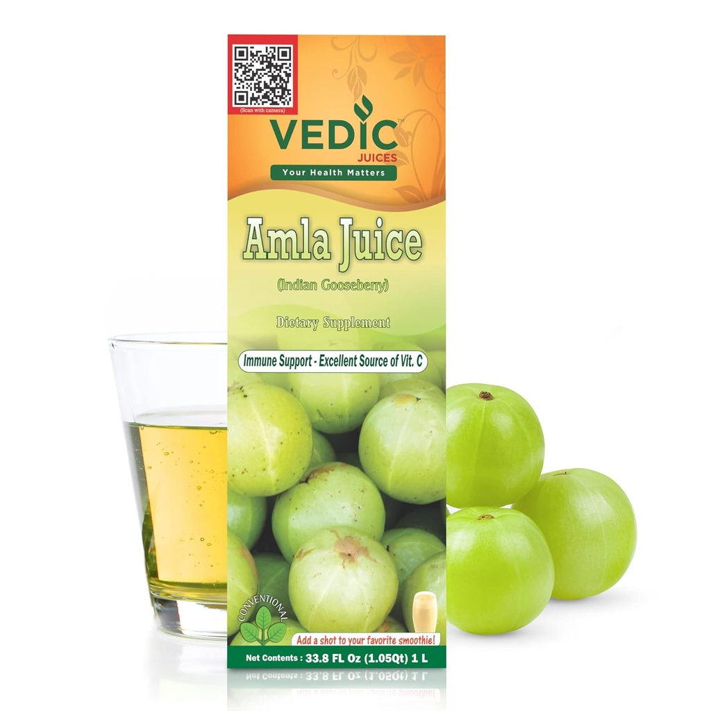 Vedic Juices Amla Juice, Indian Gooseberry Supplement with Vitamin C for Gut Health, and Hair Growth, Herbal Drink - 1 Liter