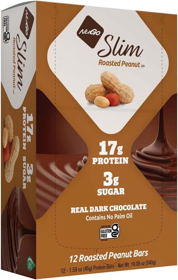 NuGo スリム ダーク チョコレート ローストピーナツ、16g タンパク質、2g 砂糖、7g 繊維、ロー ネット 炭水化物、ケト フレンドリー、グルテンフリー、12 カウント