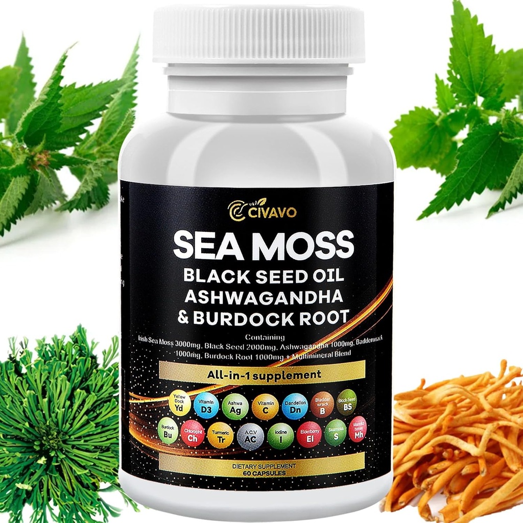 海苔3000mgの黒の種のオイル2000mgのAshwagandha 1000mgのBradderwrack 1000mgのTurmeric 1000mgのBurdock 1000mgのビタミンC及びD3のElderberryのManukaのDandelionの黄色いドックのChlorophyll ACV