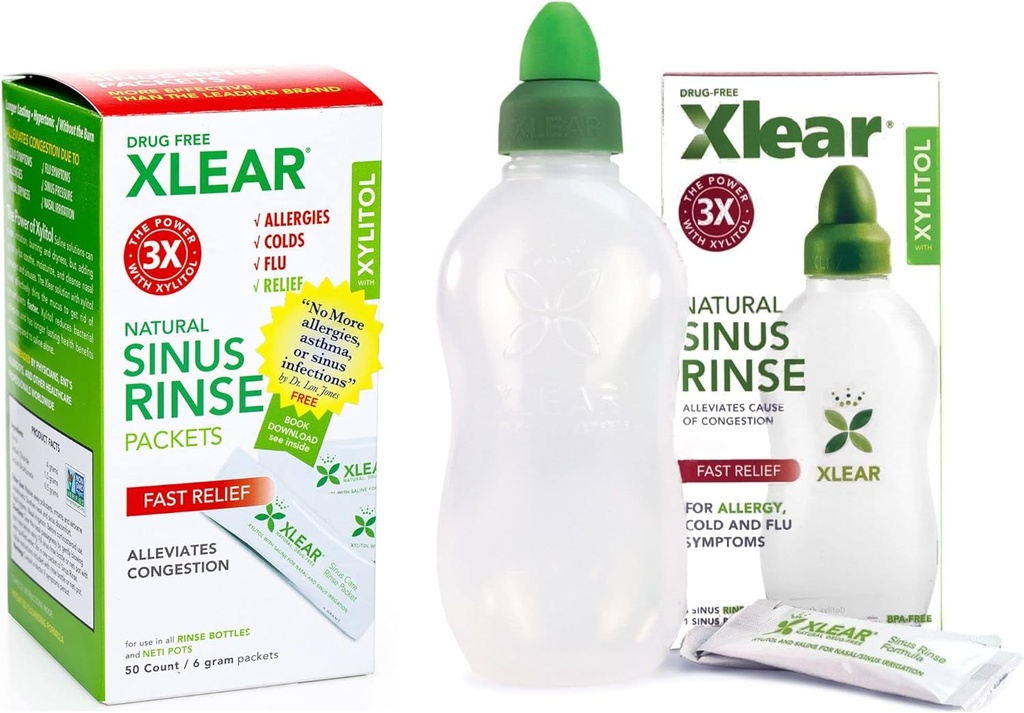 Xlear自然なキシリトールのSinusのリンスの結め換え品、Netiの鍋のサリンのパケット-圧力および輻輳救助のための鼻の洗剤、ほとんどの鼻の潅漑システム、50の計算および1のリンスびんと働かせて下さい