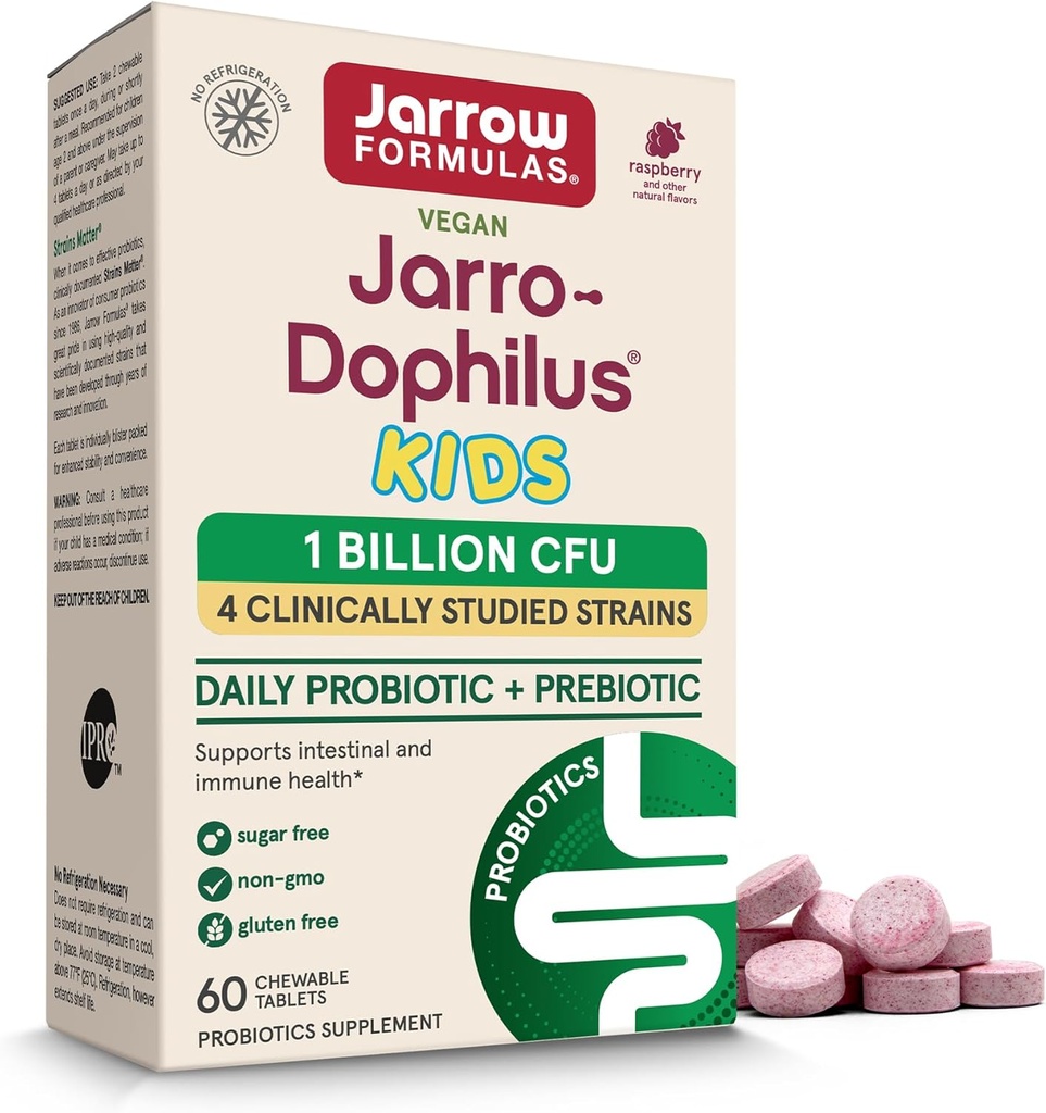 Jarrow Formulas® Jarro-Dophilus®キッズプロバイオティクスおよびプレバイオティクス、1 Billion CFU、腸および免疫健康サポートのためのサプリメント、60砂糖フリーラズベリー風味の咀嚼錠、30日の供給