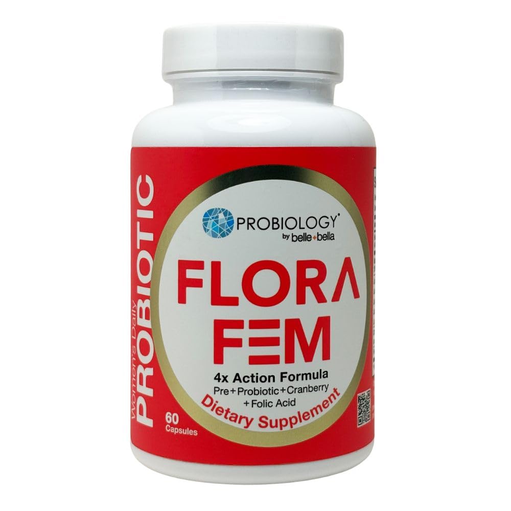 Belle+Bella Probiology Flora Fem - 女性のための毎日のプロバイオティクス - 4Xアクションプレバイオティクス+プロバイオティック+クランベリー+消化器、尿路、生殖及び腟の健康のための葉酸 - 60キャップ