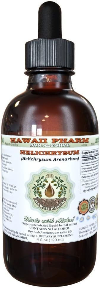 Helichrysum Alcohol-Free Liquid Extract, Organic Helichrysum (Helichrysum Arenarium) Dried Flower Glycerite Hawaii Pharm Natural Herbal Supplement 2 oz