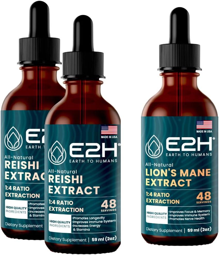 E2H: Reishi(2パック)&ライオンズマネエキス - エネルギー、長寿、認知のシャープネス、免疫 - 非GMO、ビーガン - 2 Fl Oz各(6 Fl Oz合計) - バンドル