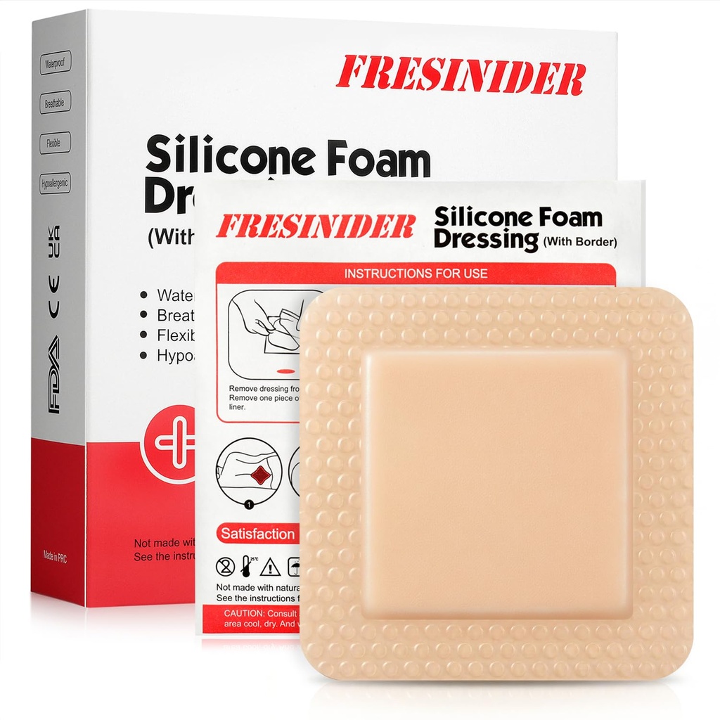 FRESINIDERシリコーンフォームは、接着ボーダー - 傷ドレッシング包帯 - シリコーンフォームパッド - 10のパック - 4インチの大型防水包帯 - 自己接着傷のケアとドレッシング