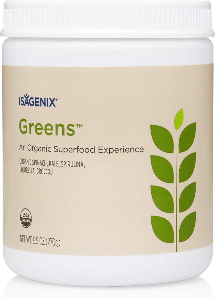 Isagenix Organic Greens、有機ほうれん草、カレ、スピルリナ、クロレラ、ブロッコリー、およびサポートダイエット - 270グラム(30サービング)